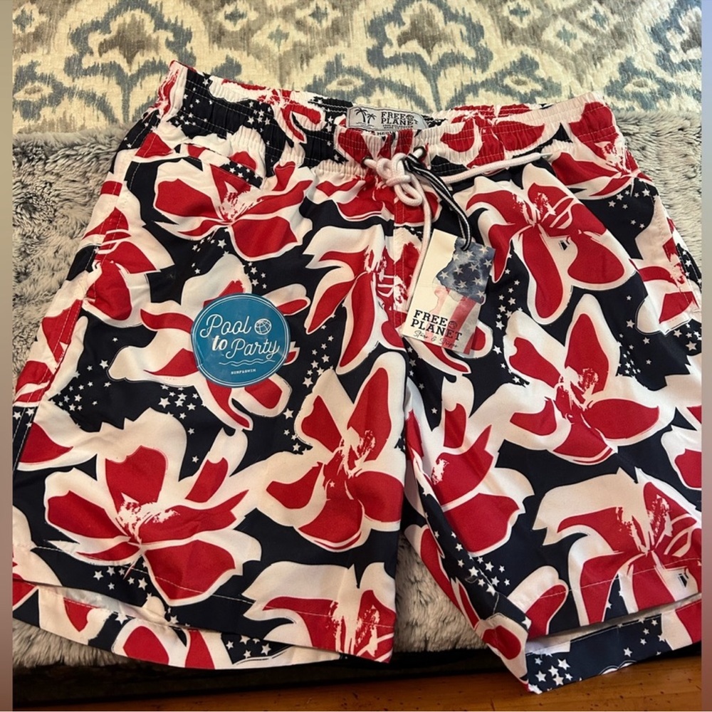 Men’s Red, White & Blue Floral swim trunks